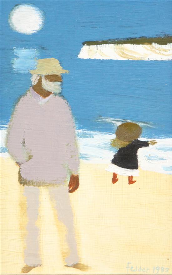 § Mary Fedden (1981-2013) Julian on the beach with a child, 8.5 x 5.5in.